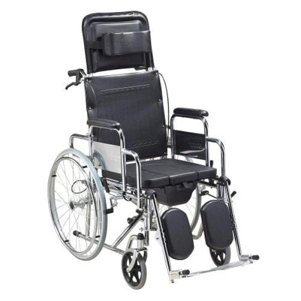 Reclining Commode Wheelchair Chromed Steel Frame