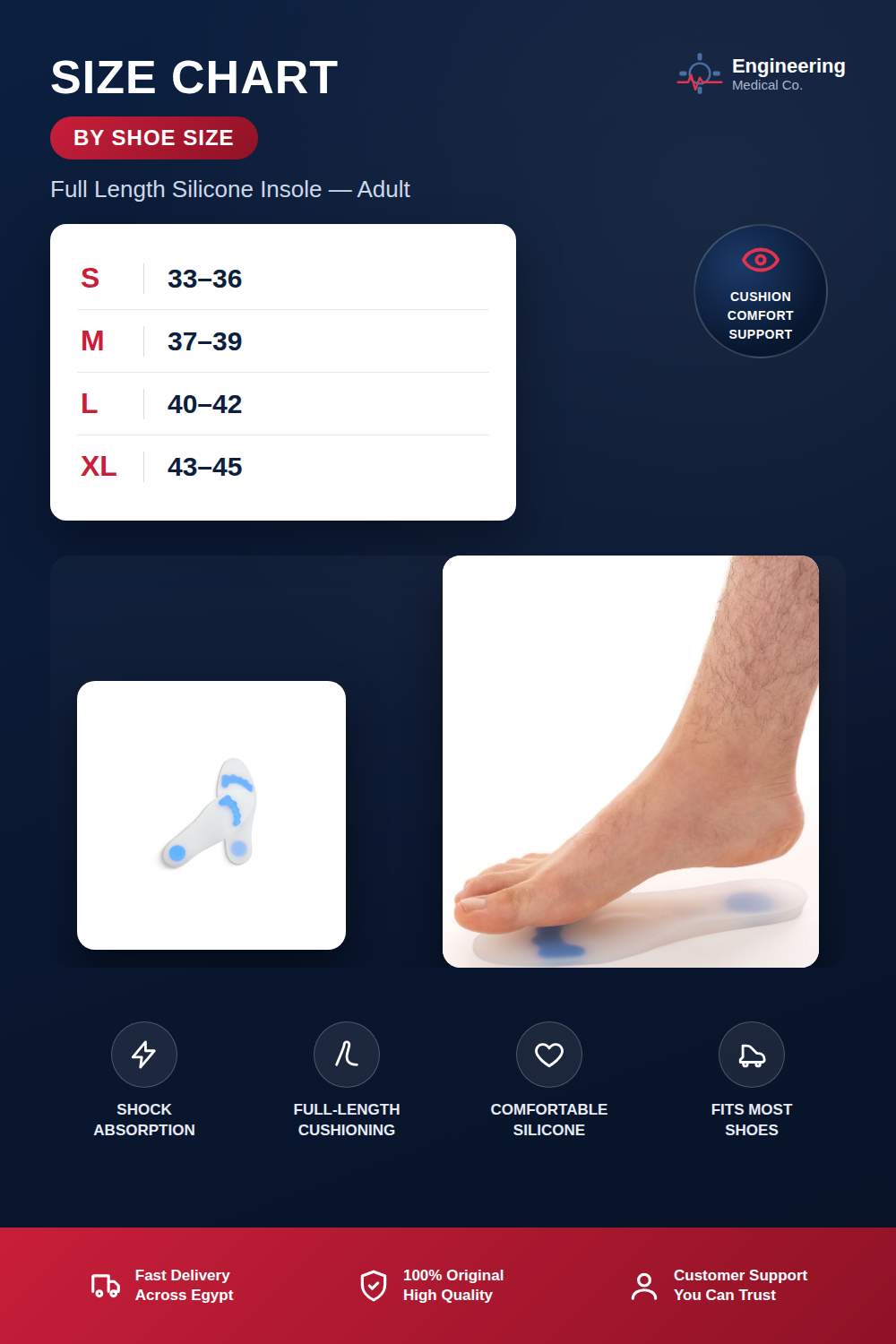 Full Length Silicone Insole size chart by shoe size (S 33-36, M 37-39, L 40-42, XL 43-45)