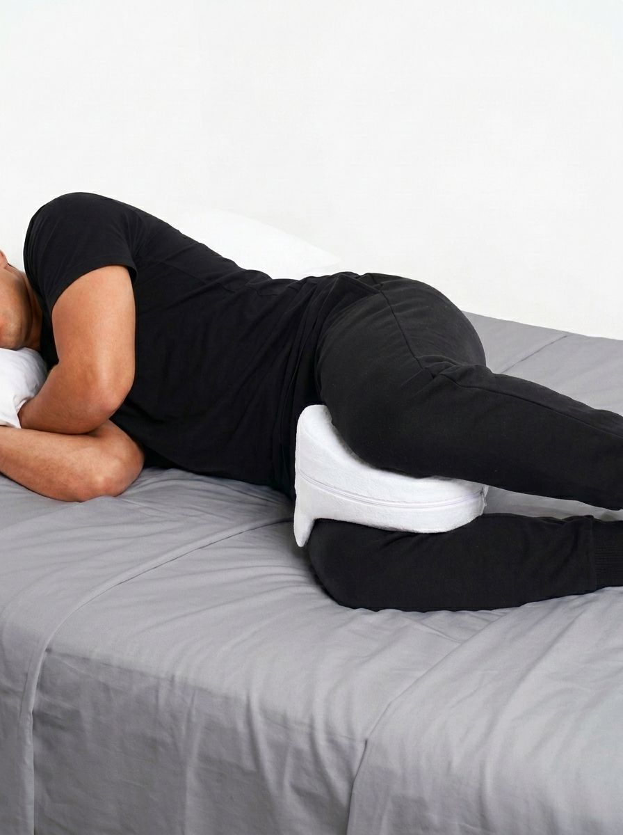 Knee Positioning Pillow for side sleeping - memory foam, in use
